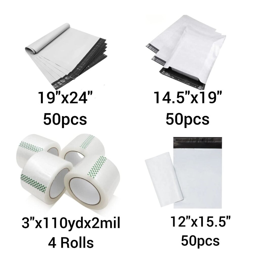 150 Large Poly Mailers + 4 Rolls 3" Heavy Duty Tape – Bulk Shipping Supply Set
